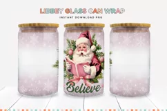 Believe Santa Claus Pink Christmas Glass Can Sublimation PNG Product Image 1