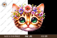 Cat PNG, Bengal Cat with Flower Wreath, Watercolor PNG Product Image 2