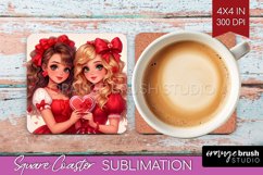 Valentine Girl Square Coaster - BFF Coaster PNG Sublimation Product Image 1