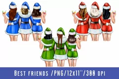 Christmas Best Friends in Santa Hat Girl Clipart Product Image 1