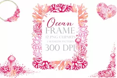 watercolor clipart, pink, coral, starfish, jellyfish, seashe Product Image 1