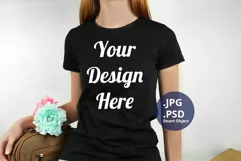Woman with Black T-shirt Mockup PSD, Mother's day Mockup JPG Product Image 1