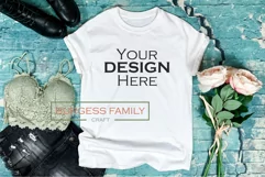 White tshirt rocker on blue with Flowers | Craft mockup Product Image 1