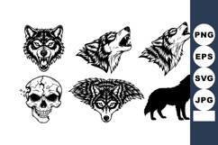 Wolf heads and howling wolf silhouette with detailed skull v Product Image 1