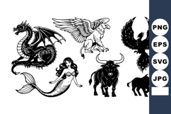 Mythical creatures dragon mermaid griffin phoenix bull black Product Image 1