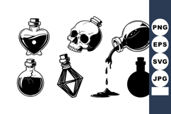 Black and white vector set of potion bottles and skull illus Product Image 1