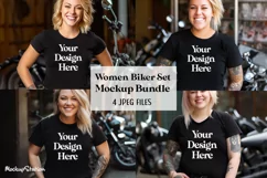 Women Biker Bella Canvas 3001 T-Shirt Mockups | Black Tees Product Image 1