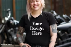 Women Biker Bella Canvas 3001 T-Shirt Mockups | Black Tees Product Image 2