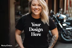 Women Biker Bella Canvas 3001 T-Shirt Mockups | Black Tees Product Image 3