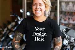 Women Biker Bella Canvas 3001 T-Shirt Mockups | Black Tees Product Image 4