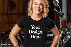Women Biker Bella Canvas 3001 T-Shirt Mockups | Black Tees Product Image 5