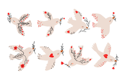 Peace Dove Folk Birds with Floral Branches &amp; Heart Product Image 1