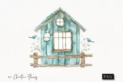 Watercolor Blue Birdhouse Clipart | Coastal PNG Product Image 1
