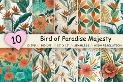 seamless bird paradise, tropical majesty design, orange emerald florals, resort luxury digital, watercolor exotic art, seamless vacation vibes, lush foliage repeat, bold botanical drama, digital download statement, vibrant contrast design, island getaway 