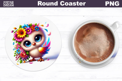 Cute Bird Floral Coaster | Round Sublimation Design Product Image 1