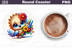 Cute Bird Floral Coaster | Round Sublimation Design Product Image 1