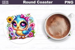 Cute Bird Floral Coaster | Round Sublimation Design Product Image 1