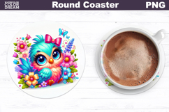 Cute Bird Floral Coaster | Round Sublimation Design Product Image 1