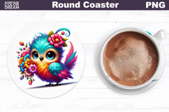 Cute Bird Floral Coaster | Round Sublimation Design Product Image 1