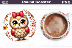 Cute Owl Floral Coaster | Round Sublimation Design Product Image 1