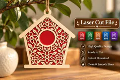 Birdhouse Ornament SVG, Floral Red Laser Cut Wood Sign File Product Image 1