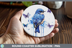 GorgeousBirds 01 Blue Drips Round Coaster design.