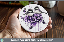GorgeousBirds 01 Purple Drips Round Coaster design.