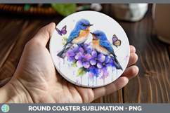 GorgeousBirds 01 Purple Drips Round Coaster design.