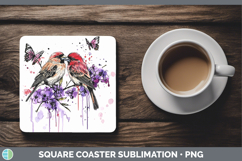 GorgeousBirds 01 Purple Drips Square Coaster design.