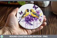 GorgeousBirds 01 Purple Drips Round Coaster design.