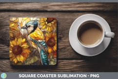 GorgeousBirds 01 Stained Glass Sunflower Square Coaster design.