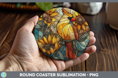 GorgeousBirds 01 Stained Glass Sunflower Round Coaster design.