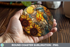 GorgeousBirds 01 Stained Glass Sunflower Round Coaster design.