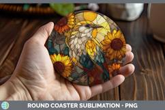 GorgeousBirds 01 Stained Glass Sunflower Round Coaster design.