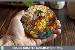 GorgeousBirds 01 Stained Glass Sunflower Round Coaster design.