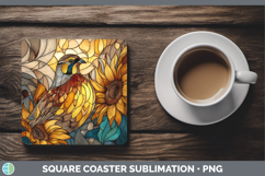 GorgeousBirds 01 Stained Glass Sunflower Square Coaster design.