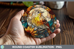 GorgeousBirds 01 Stained Glass Sunflower Round Coaster design.