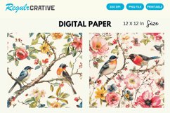 Birds And Flower Digital Paper, Birds And Flower Background Product Image 1