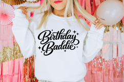Trendy birthday SVG design featuring bold cursive “Birthday Baddie” text with decorative sparkles, ideal for shirts, cake toppers, and party decor.