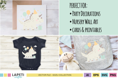 Birthday dinosaur illustration shown on card, baby shirt and bib, perfect for party decorations and nursery projects.