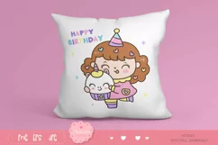 Cute girl Clipart happy birthday holding unicorn cupcake Product Image 3