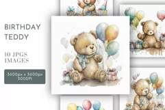Birthday Teddy with Balloons | Watercolour Clipart JPG Product Image 1