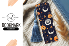 Halloween Pattern with Pumpkins Moons and Stars on Dark Blue Product Image 1