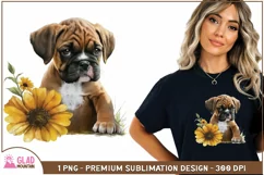 Boxer puppy sunflower sublimation png, animal watercolor Product Image 3