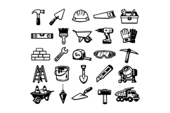 Black and White Construction Tools Icon Set Design Product Image 1