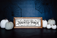 Haunted porch SVG design featuring black vintage typography, bats, spider webs, and a long horizontal sign layout for Halloween decor projects.