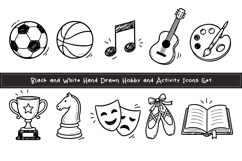 Black and White Hand Drawn Hobby and Activity Icons Set Product Image 1