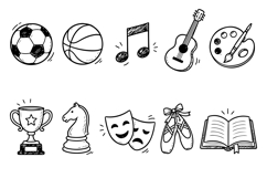 Black and White Hand Drawn Hobby and Activity Icons Set Product Image 2