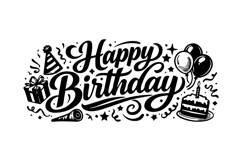 Black and White Happy Birthday Typography with Decorations Product Image 1