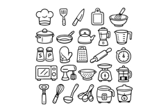 Black and White Kitchen Utensil Outline Icon Set Design Product Image 1
